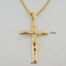 Pendant Necklaces YELLOW GOLD PLATED 24" CUBAN NECKLACE PLAIN JESUS CROSS HANGS 2.56"