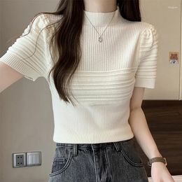 Women's T Shirts Women Spring Bubble Short Sleeved T-shirt Versatile Solid Stand Up Neck Knitwear Thin Vintage Stripes Sweater Outer Wear