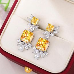 Dangle Earrings Huitan Aesthetic Women's Drop For Wedding Luxury Paved Yellow/White Cubic Zirconia Fashion Ear Jewellery