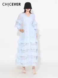 Casual Dresses CHICEVER Patchwork Ruffles For Women V Neck Long Sleeve High Waist Tunic Solid A Line Elegant Folds Dress Female Spring