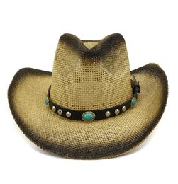 Black Spray Paint Paper Straw Jazz Cowboy Hats Summer Women Outdoor Large Brim Sunshade Cap Ladies Beach Panama Sunhat1031584