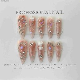 False Nails 10Pcs Handmade Nails Set Press on Long Almond False Nail with Rhinestone Pink Camellia Design Reusable Full Cover Fake Nail Tips Y240419 Y240419