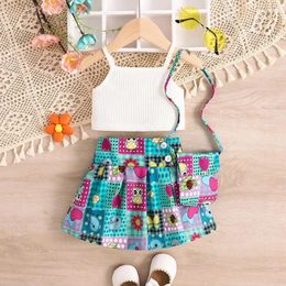 Clothing Sets CitgeeSummer Kids Girls Outfits White Ribbed Tops Pattern Print A-line Skirt Bag Clothes Set