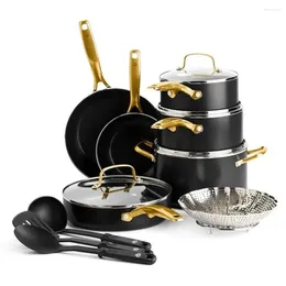 Cookware Sets 14-Piece Ceramic Nonstick Set Golden Handle Black Induction Safe Dishwasher Resilient