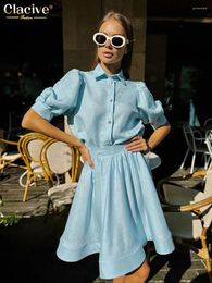 Work Dresses Clacive Fashion Loose Blue Cotton 2 Piece Sets Women Outfit Elegant Short Sleeve Shirt With High Waist Mini Skirts Set Female