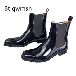 Dress Shoes Black Ankle Boots Man Square Toe Patent Leather Low Heels Flats Male Fashion Casual Winter