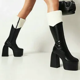 Boots Platform Square High Heel Women Knee Faux Leather Round Toe Zipper Women's Autumn Winter Calf Big Size 46