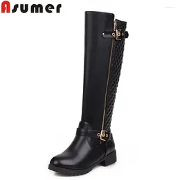 Boots ASUMER 2024 Buckle Retro And Handsome Mid Length Winter Plush With Zipper Low Heels Women's Shoes