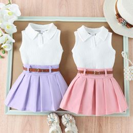 Clothing Sets Summer Kids Toddler Girl Outfit Solid Color Ribbed Sleeveless Tops And Pleated Skirts Belt Clothes Set