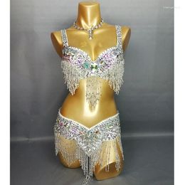 Stage Wear Women's Beaded Sequins Belly Dance Costume BRA BELT 2pc Set Showgirl Ladies Bellydancing Costumes Bellydance Clothes