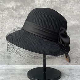 Wide Brim Hats Hepburn Style Black Gauze Bow Thin Straw Braid Pot Hat Female Spring Summer Korean Version Of French Retro Elegant