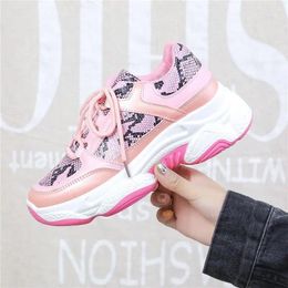 Casual Shoes 2024 Trend Women's Sneakers Snakeskin Chunky Pink For Women Leather Lace Up Sport Big Size 41