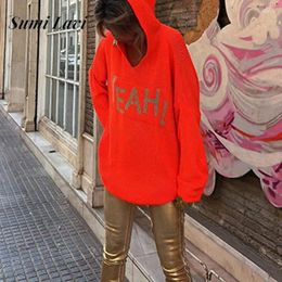 Women's Hoodies Casual Letter Print Loose Sweater Fashion V Neck Hooded Women Knitted Autumn Ladies Long Sleeve Solid Warm Pullover