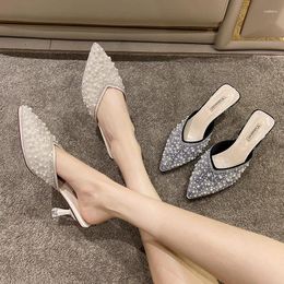 Slippers Casual Elegant Woman Shoes With Medium High Heels Women Pointed Toe Slides Luxury 2024 Spring Summer String Bead