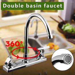 Kitchen Faucets Modern Double Lever Chrome Sink And Cold Mixing Faucet 2-hole Deck Installation Supplies 360 Degree