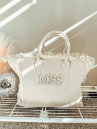 Bags CUSTOM Tote for Bride Honeymoon Tote with Last Name Personalised Bride Tote Fringe Bag Canvas Pearl Letters with Rhinestones AZ