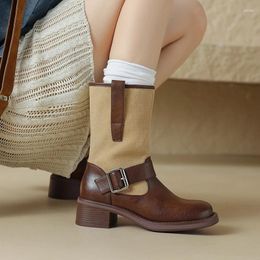 Boots 2024 Autumn Women Round Toe Chunky Heel Winter Shoes Short Western Mid-calf Genuine Leather