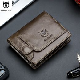 Clips BULLCAPTAIN RFID Blocking Men's Wallet Man Vintage Cow Genuine Leather Wallet Male Handmade Billfold Coin Purse Short Wallet