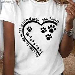 Women's T-Shirt Paw Heart Letter Print Crew Neck T-Shirt Casual Short Slve T-Shirt For Summer Womens Clothing Y240420