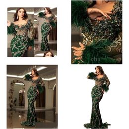 Prom Dresses 2023 Aso Ebi Dark Green Mermaid Dress Lace Beaded Feather Evening Formal Party Second Reception Birthday Engagement Gowns Dhd0V