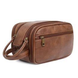 Cases Men Vintage Leather Toiletry Bag Travel Wash Pouch Business Cosmetic Makeup Cases Male Hanging Storage Organizer Wash Bags