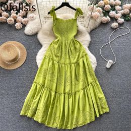 Party Dresses Ofallsis French Vacation Style Hollow Out Embroidery Bra Strap Dress 2024 Summer Slim Temperament Spaghetti