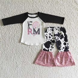 Clothing Sets Spring Fashion Kids Alphabet Black Top Cow Sequin Flare Pants Boutique Wholesale Baby Girls Children Outfits