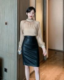 Work Dresses 2024 Spring 2 Piece Set High-end Women Suit Beading Full Sleeve Chiffon Shirt Top And PU Leather Pencil Skirt Two Sets