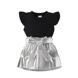 Clothing Sets Pudcoco Kids Baby Girl 2 Piece Outfit Ribbed Tops And Elastic Metallic Skirt With Belt Set For Toddler Summer Clothes 6M-4T