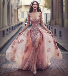 New V neck Amazing Pink Formal Dress Over skirt Front Appliques Slit Tulle Lace Evening Dress5155511