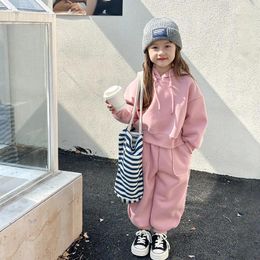 Clothing Sets Children Set Girls Korean Style Fleece Hoodie Pants Two Piece Solid Colour Thickwarm Kids Casual Simple Fashion