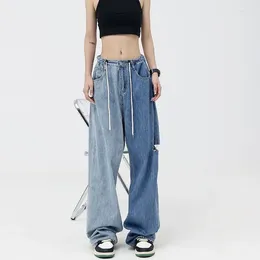 Women's Jeans Vintage Oversize Contrast Color Wide Leg Women Streetwear Fashion Casual Pants Drawstring Denim Loose Straight Trousers