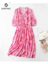 Casual Dresses BirdTree Real Silk Party Women V Neck Beading Floral Printed Elegant Commute Vacation Dress 2024 Summer D43361QC