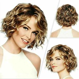 Little Sweetheart Wig Womens Fashion Partial Gradual Golden Short Curly Hair Oblique Bang Head Cover 240407