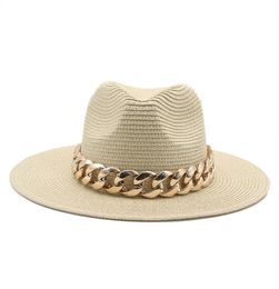 sun hats men women straw panama wide brim gold chain band belt women summer hats spring black khaki beach casual summer men hats6568576