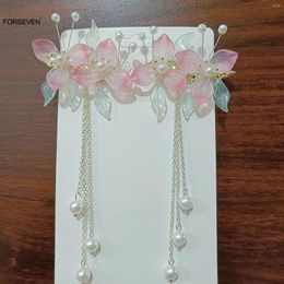 Hair Clips Retro Chinese Flower Hairpins Side Pendant Jewelry Beaded Hairclips For Women Girls Pearl Hairgrips Fringe