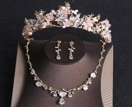 Earrings Necklace Baroque Gold Pink Butterfly Crystal Costume Jewelry Sets Rhinestone Tiara Bridal Women Wedding Set2481166