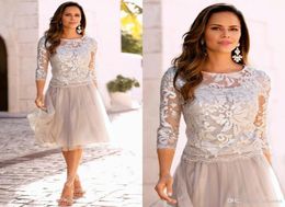 Newest Short Mother Of The Bride Dress Lace Tulle Knee Length 34 Long Sleeves Short Prom Dresses plus size1105025