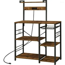 Kitchen Storage SUPERJARE Bakers Rack With Power Outlet Microwave Stand Coffee Bar Wire Basket -Vintage Brown