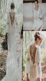 Vintage Boho Loose Long Sleeve Wedding Dresses Jewel Neck Amazing Lace hollow Back Country Bohemian Bridal Wedding Gown2466927
