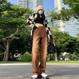 Women's Jeans Retro Brown Spring And Autumn High-waisted Straight Tube Loose Thin Wide-leg Mopping Pants Washed Coffee Colour