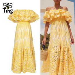 Tingfly 2024 Embroidery Elegant Dress For Women Slash Neck Short Ruffles Sleeve High Waist Cut Out Midi Dresses Female Summer 240410