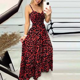 Casual Dresses Women Strappy Dress Leopard Print Low-cut V Neck Sleeveless Tight High Waist Backless Vacation Beach Maxi