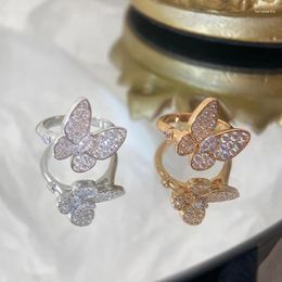 Cluster Rings 925 Sterling Silver Full Diamond Butterfly Ring Ladies Fashion Simple Sweet Temperament Party Gift