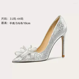 Dress Shoes Spring And Summer Pointy Rhinestone Bow Bride Wedding Thin High-heeled Banquet Large Small Women's Single