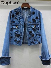 Women's Jackets Blue Embroidery Sequined Denim Jacket Women 2024 Spring Autumn Fashion Vintage Long Sleeve Cardigan Coat Female