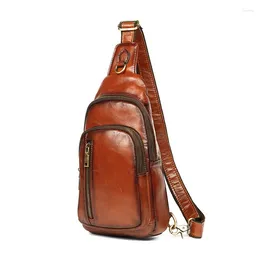 Backpack Men Sling Cross Body Shoulder Bag Genuine Leather Travel Retro Real Cowhide Male Messenger Ruscksack Chest Bags