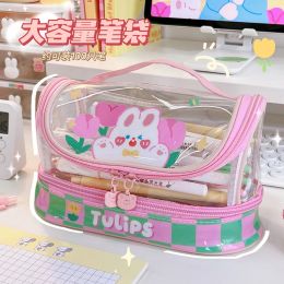 Cases Cute Pink Rabbit Transparent Pencil Case for Student Double Layer Large School Pencil Bags for Maiden Girl Stationery Supplies