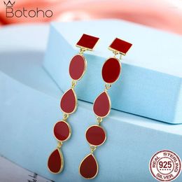 Dangle Earrings Real 925 Silver Gold Plated Red Glaze Long For Women Trendy Geometric Hanging Earring Fine Jewellery Gift