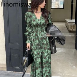 Casual Dresses Tinomiswa Flower Printed Vintage Dress Women French Style Temperament Big Swing Female V-neck Puff Sleeve Robe Femme